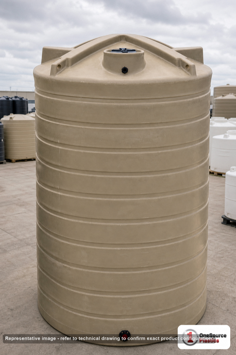 Enduraplas 5200 Gallon Beige Vertical Water Storage Tank. Polyethylene; Beige; dimensions 164.0in H x 100.0in W x 100.0in L; 1000.0 lb empty; 1.1 specific gravity rating; fittings: 1 Inlet , 1 Outlet , 1 Manway / Lid; max temp 120 deg  F / 48 deg  C; 10 Year Warranty with Activation. Manufacturer part number TLV05200BE. Sold by OneSource Plastics (https://www.onesourceplastics.com).