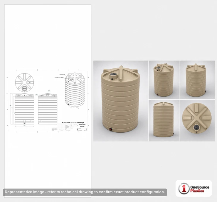 Dimensional spec drawing for Enduraplas 5200 Gallon Vertical Water Tank (100" L x 100" W x 164" H)