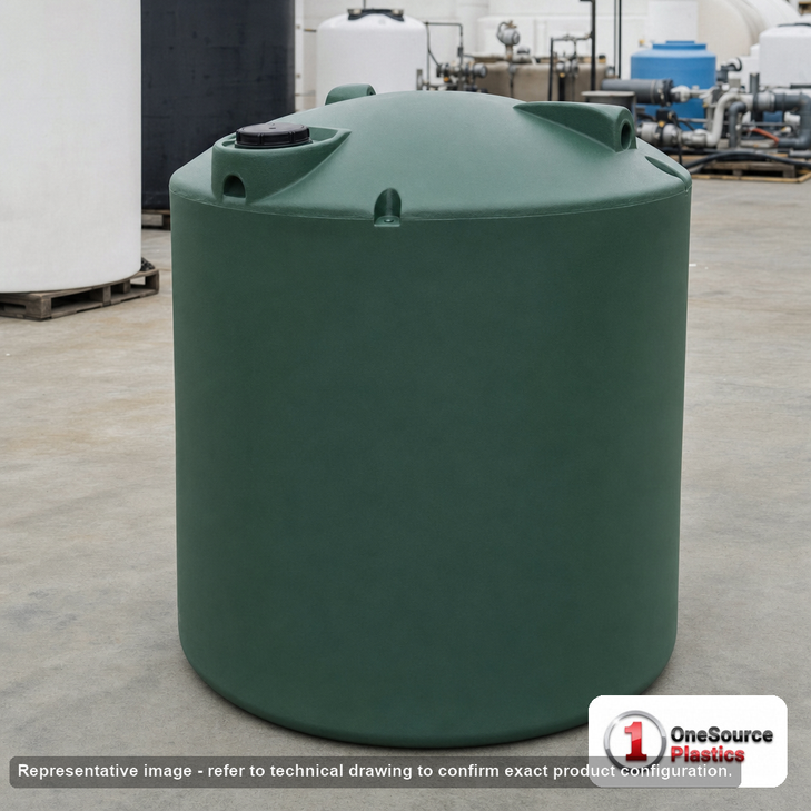 Norwesco 220 Gallon Green (California Only) Vertical Water Storage Tank. 220 gallon capacity; Polyethylene; Green (California Only); dimensions 44.0in H x 42.0in W x 42.0in L; 42.0 lb empty; 1.0 specific gravity rating; fittings: 1 Inlet , 1 Outlet , 1 Manway / Lid; max temp 120 deg  F / 48 deg  C; 3 Year Warranty. Manufacturer part number 43874. Manufactured by Norwesco. Sold by OneSource Plastics (https://www.onesourceplastics.com).