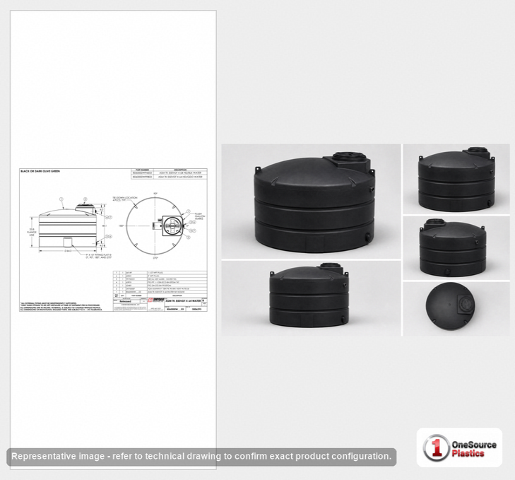 Dimensional spec drawing for Snyder 550 Gallon Vertical Water Tank (64" L x 64" W x 46" H)
