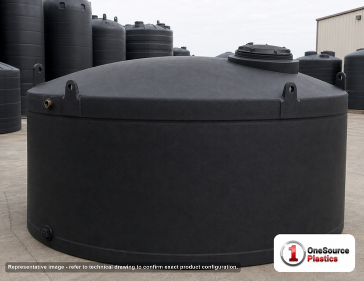 Snyder Industries 5000 Gallon Black Vertical Water Storage Tank. Polyethylene; Black; dimensions 87.0in H x 144.0in W x 144.0in L; 900.0 lb empty; 1.0 specific gravity rating; fittings: 1 Inlet , 1 Outlet , 1 Manway / Lid; max temp 120 deg  F / 48 deg  C; 3 Year Warranty. Manufacturer part number wb84. Manufactured by Snyder. Sold by OneSource Plastics (https://www.onesourceplastics.com).