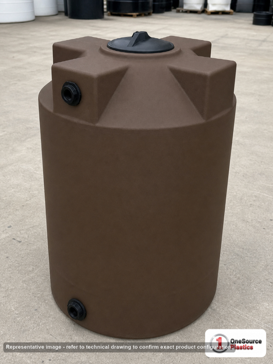 Bushman 100 Gallon Dark Brown Vertical Water Storage Tank. Polyethylene; Dark Brown; dimensions 42.0in H x 30.0in W x 30.0in L; 38.0 lb empty; 1.0 specific gravity rating; fittings: 1 Inlet , 1 Outlet , 1 Manway / Lid; max temp 120 deg  F / 48 deg  C; 3 Year Warranty. Manufacturer part number 30059. Sold by OneSource Plastics (https://www.onesourceplastics.com).