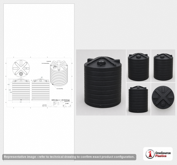 Dimensional spec drawing for Enduraplas 10000 Gallon Vertical Water Tank (144" L x 144" W x 178" H)