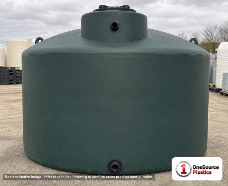 Norwesco 4995 Gallon Dark Green Vertical Water Storage Tank. 4995 gallon capacity; Polyethylene; Dark Green; dimensions 88.0in H x 142.0in W x 142.0in L; 775.0 lb empty; 1.0 specific gravity rating; fittings: 1 Inlet , 1 Outlet , 1 Manway / Lid; max temp 120 deg  F / 48 deg  C; 3 Year Warranty. Manufacturer part number 44249. Manufactured by Norwesco. Sold by OneSource Plastics (https://www.onesourceplastics.com).