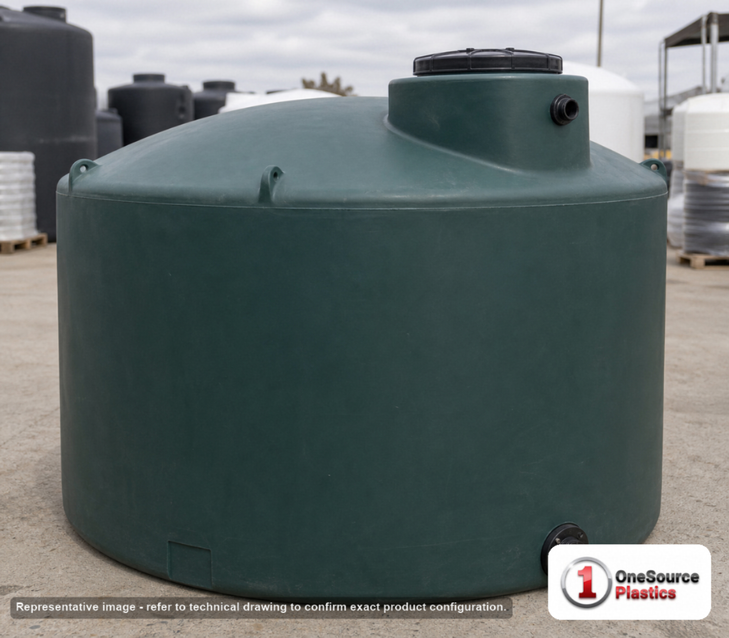 Norwesco 1000 Gallon Green (California Only) Vertical Water Storage Tank. 1000 gallon capacity; Polyethylene; Green (California Only); dimensions 66.0in H x 72.0in W x 72.0in L; 160.0 lb empty; 1.0 specific gravity rating; fittings: 1 Inlet , 1 Outlet , 1 Manway / Lid; max temp 120 deg  F / 48 deg  C; 3 Year Warranty. Manufacturer part number 44115. Manufactured by Norwesco. Sold by OneSource Plastics (https://www.onesourceplastics.com).