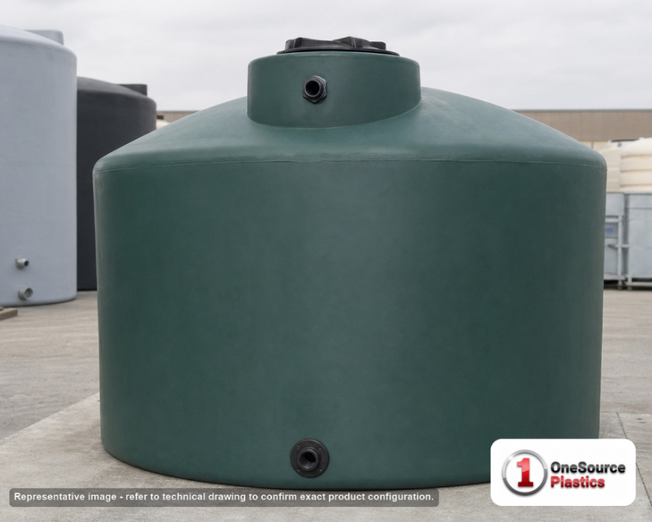 Norwesco 3000 Gallon Green (California Only) Vertical Water Storage Tank. 3000 gallon capacity; Polyethylene; Green (California Only); dimensions 93.0in H x 102.0in W x 102.0in L; 380.0 lb empty; 1.0 specific gravity rating; fittings: 1 Inlet , 1 Outlet , 1 Manway / Lid; max temp 120 deg  F / 48 deg  C; 3 Year Warranty. Manufacturer part number 42041. Manufactured by Norwesco. Sold by OneSource Plastics (https://www.onesourceplastics.com).