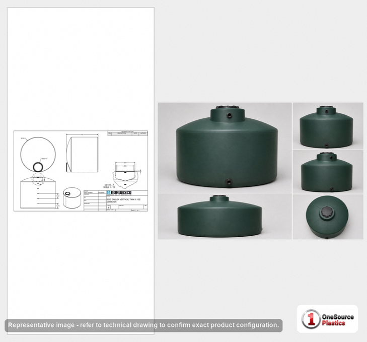 Dimensional spec drawing for Norwesco 3000 Gallon Vertical Water Tank (102" L x 102" W x 93" H)