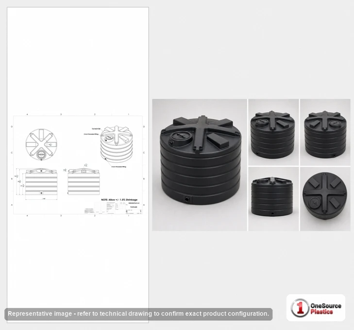 Dimensional spec drawing for Enduraplas 1650 Gallon Vertical Water Tank (90" L x 90" W x 73" H)