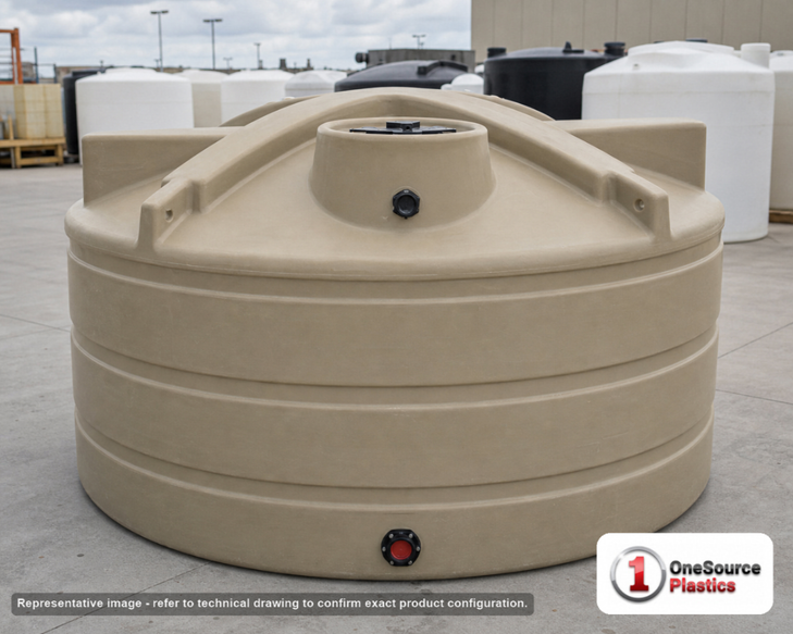 Enduraplas 1125 Gallon Beige Vertical Water Storage Tank. Polyethylene; Beige; dimensions 56.0in H x 85.0in W x 85.0in L; 210.0 lb empty; 1.1 specific gravity rating; fittings: 1 Inlet , 1 Outlet , 1 Manway / Lid; max temp 120 deg  F / 48 deg  C; 10 Year Warranty with Activation. Manufacturer part number TLV01125BE. Sold by OneSource Plastics (https://www.onesourceplastics.com).