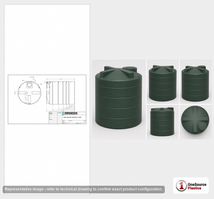 Dimensional spec drawing for Norwesco 3450 Gallon Vertical Water Tank (96" L x 96" W x 119" H)