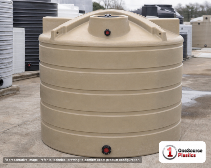 Enduraplas 5050 Gallon Beige Vertical Water Storage Tank. Polyethylene; Beige; dimensions 120.0in H x 120.0in W x 120.0in L; 915.0 lb empty; 1.1 specific gravity rating; fittings: 1 Inlet , 1 Outlet , 1 Manway / Lid; max temp 120 deg  F / 48 deg  C; 10 Year Warranty with Activation. Manufacturer part number TLV05050BE. Sold by OneSource Plastics (https://www.onesourceplastics.com).
