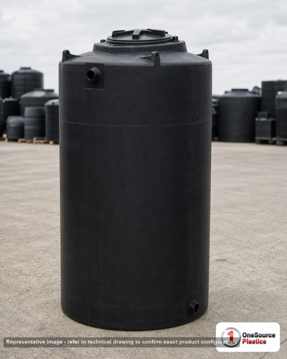 Snyder Industries 300 Gallon Black Vertical Water Storage Tank. Polyethylene; Black; dimensions 78.0in H x 35.0in W x 35.0in L; 86.0 lb empty; 1.0 specific gravity rating; fittings: 1 Inlet , 1 Outlet , 1 Manway / Lid; max temp 120 deg  F / 48 deg  C; 3 Year Warranty. Manufacturer part number wb21. Manufactured by Snyder. Sold by OneSource Plastics (https://www.onesourceplastics.com).