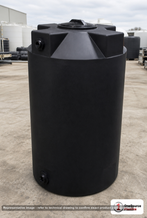 Bushman 200 Gallon Black Vertical Water Storage Tank. Polyethylene; Black; dimensions 56.0in H x 36.0in W x 36.0in L; 55.0 lb empty; 1.0 specific gravity rating; fittings: 1 Inlet , 1 Outlet , 1 Manway / Lid; max temp 120 deg  F / 48 deg  C; 3 Year Warranty. Manufacturer part number 30646. Sold by OneSource Plastics (https://www.onesourceplastics.com).