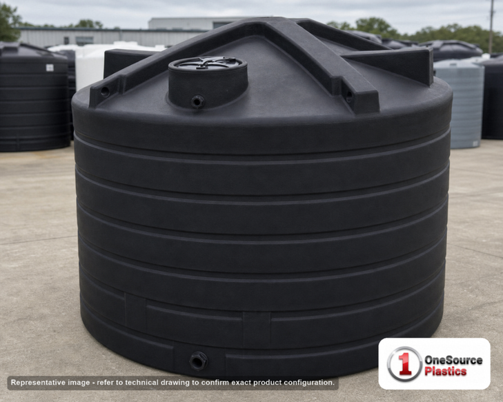 Enduraplas 2600 Gallon Black Vertical Water Storage Tank. Polyethylene; Black; 92" H x 100" W x 100" L; fittings: 1 Inlet, 1