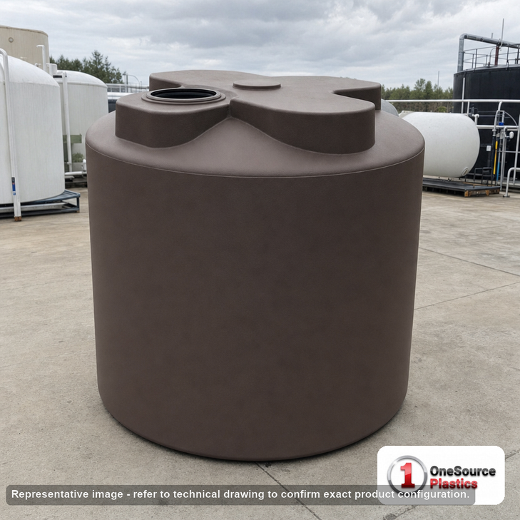 Norwesco 600 Gallon Dark Brown Vertical Water Storage Tank. 600 gallon capacity; Polyethylene; Dark Brown; dimensions 50.0in H x 64.0in W x 64.0in L; 90.0 lb empty; 1.0 specific gravity rating; fittings: 1 Inlet , 1 Outlet , 1 Manway / Lid; max temp 120 deg  F / 48 deg  C; 3 Year Warranty. Manufacturer part number 40062. Manufactured by Norwesco. Sold by OneSource Plastics (https://www.onesourceplastics.com).