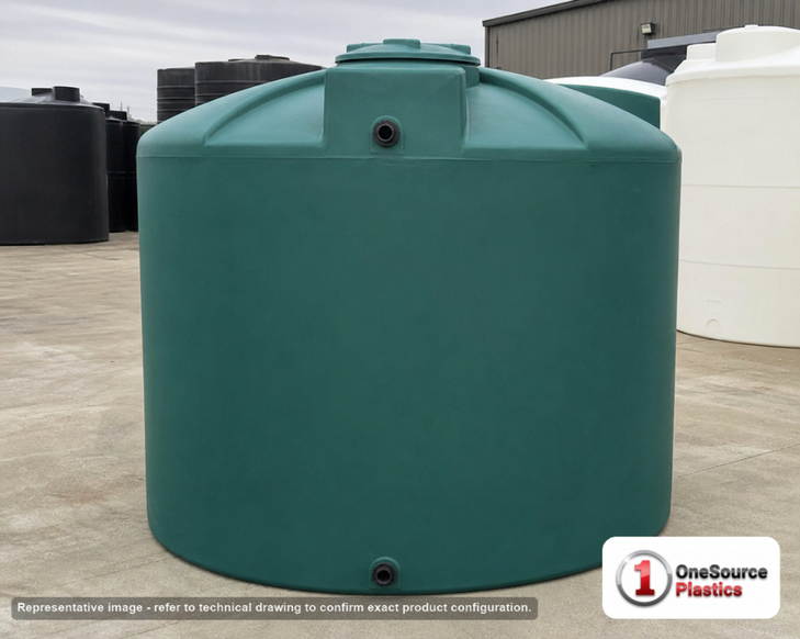 Chem-Tainer 2100 Gallon Green Vertical Water Storage Tank. Polyethylene; Green; dimensions 87.0in H x 87.0in W x 87.0in L; 305.0 lb empty; 1.0 specific gravity rating; fittings: 1 Inlet , 1 Outlet , 1 Manway / Lid; max temp 120 deg  F / 48 deg  C; 3 Year Warranty. Manufacturer part number TC8787IW-GREEN. Sold by OneSource Plastics (https://www.onesourceplastics.com).