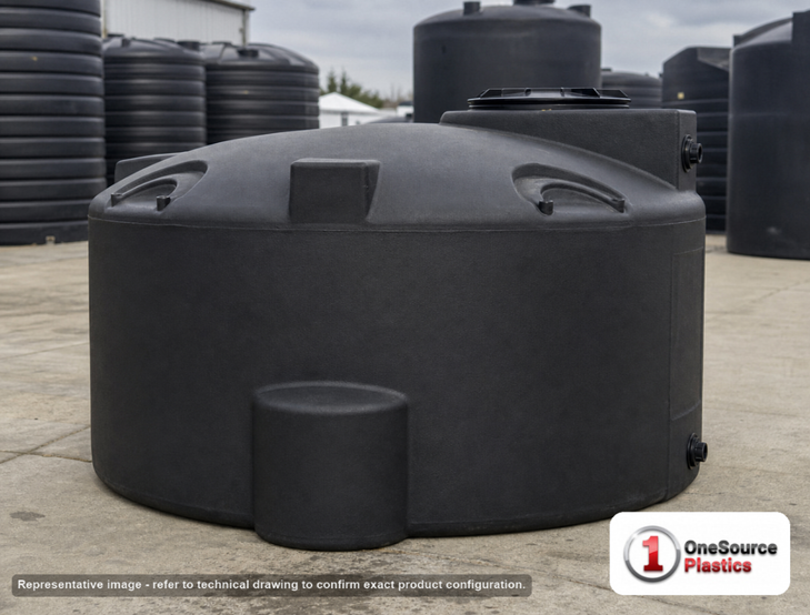 Snyder Industries 550 Gallon Black Vertical Water Storage Tank. Polyethylene; Black; dimensions 46.0in H x 64.0in W x 64.0in L; 95.0 lb empty; 1.0 specific gravity rating; fittings: 1 Inlet , 1 Outlet , 1 Manway / Lid; max temp 120 deg  F / 48 deg  C; 3 Year Warranty. Manufacturer part number wb33. Manufactured by Snyder. Sold by OneSource Plastics (https://www.onesourceplastics.com).