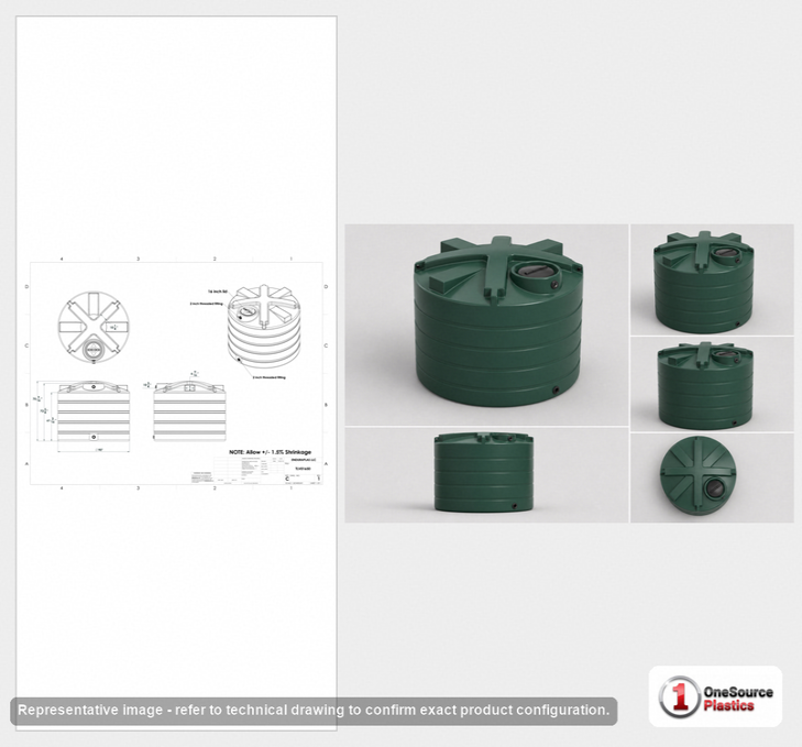 Dimensional spec drawing for Enduraplas 1650 Gallon Vertical Water Tank (90" L x 90" W x 73" H)