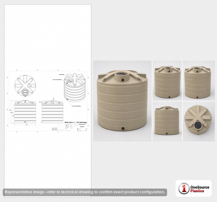 Dimensional spec drawing for Enduraplas 1750 Gallon Vertical Water Tank (85" L x 85" W x 89" H)