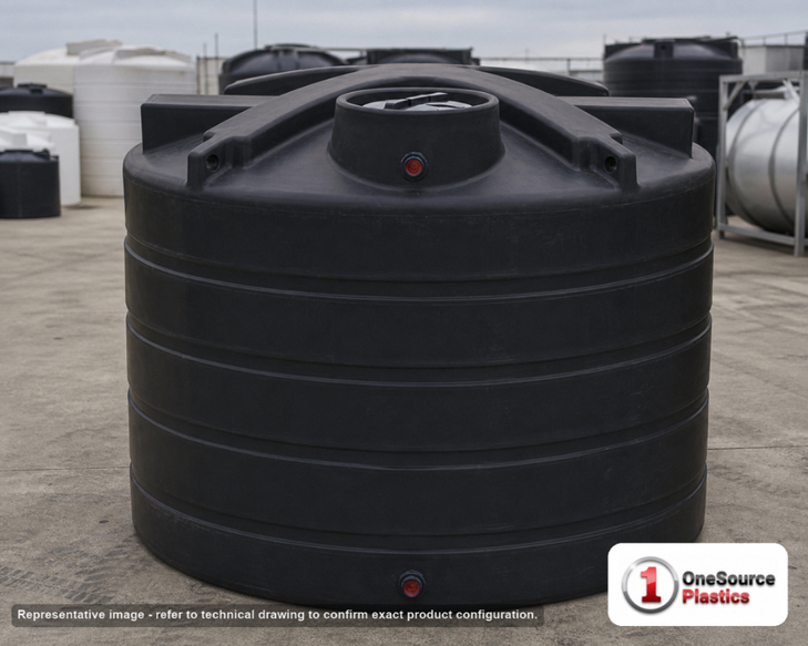 Enduraplas 1350 Gallon Black Vertical Water Storage Tank. Polyethylene; Black; dimensions 71.0in H x 85.0in W x 85.0in L; 200.0 lb empty; 1.1 specific gravity rating; fittings: 1 Inlet , 1 Outlet , 1 Manway / Lid; max temp 120 deg  F / 48 deg  C; 10 Year Warranty with Activation. Manufacturer part number TLV01350B. Sold by OneSource Plastics (https://www.onesourceplastics.com).