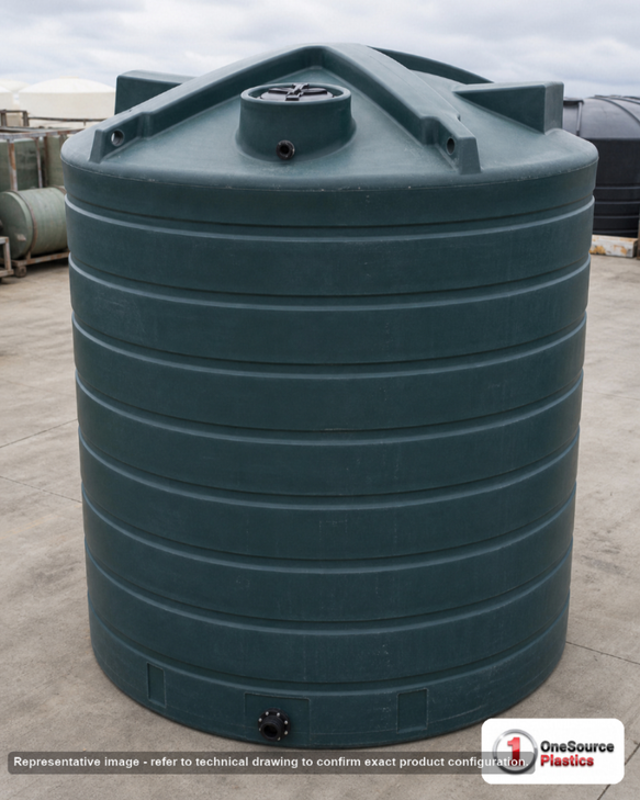 Enduraplas 10000 Gallon Dark Green Vertical Water Storage Tank. Polyethylene; Dark Green; dimensions 178.0in H x 144.0in W x 144.0in L; 1600.0 lb empty; 1.1 specific gravity rating; fittings: 1 Inlet , 1 Outlet , 1 Manway / Lid; max temp 120 deg  F / 48 deg  C; 10 Year Warranty with Activation. Manufacturer part number TLV10000DG. Sold by OneSource Plastics (https://www.onesourceplastics.com).