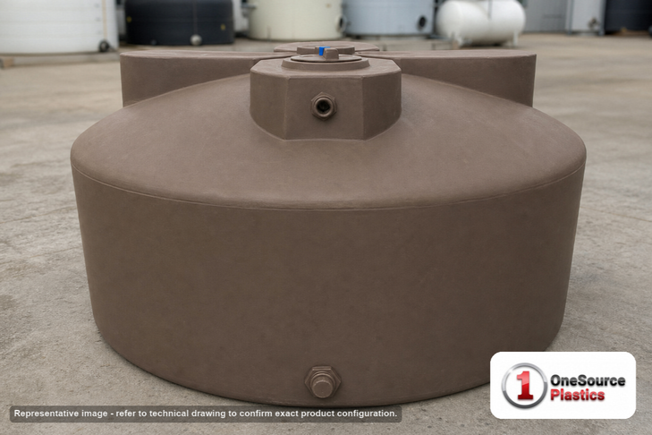 Norwesco 600 Gallon Mocha Vertical Water Storage Tank. 600 gallon capacity; Polyethylene; Mocha; dimensions 50.0in H x 64.0in W x 64.0in L; 90.0 lb empty; 1.0 specific gravity rating; fittings: 1 Inlet , 1 Outlet , 1 Manway / Lid; max temp 120 deg  F / 48 deg  C; 3 Year Warranty. Manufacturer part number 40060. Manufactured by Norwesco. Sold by OneSource Plastics (https://www.onesourceplastics.com).