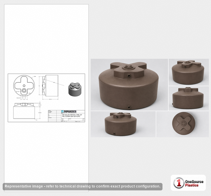 Dimensional spec drawing for Norwesco 600 Gallon Vertical Water Tank (64" L x 64" W x 50" H)