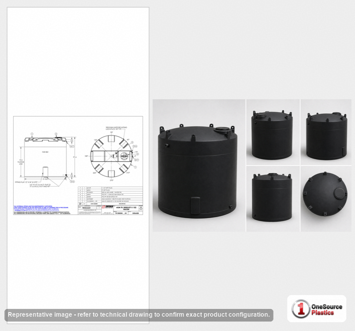 Dimensional spec drawing for Snyder 3000 Gallon Vertical Water Tank (102" L x 102" W x 96" H)