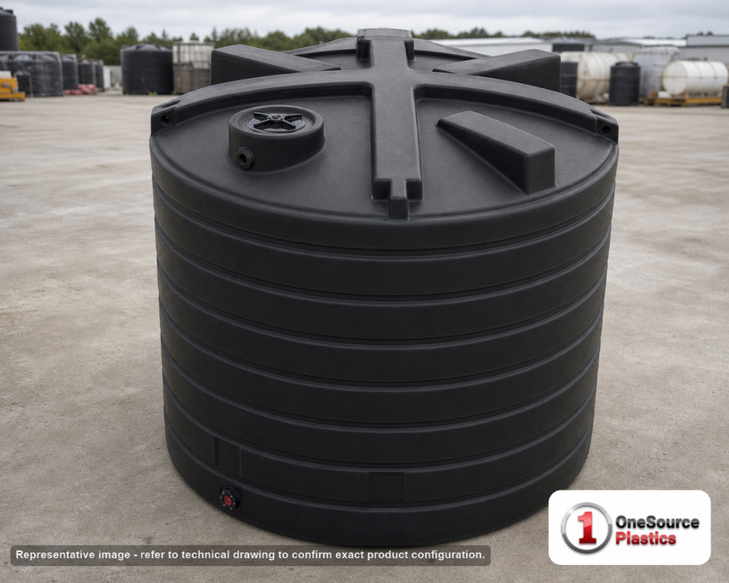 Enduraplas 8000 Gallon Black Vertical Water Storage Tank. Polyethylene; Black; dimensions 142.0in H x 144.0in W x 144.0in L; 1200.0 lb empty; 1.1 specific gravity rating; fittings: 1 Inlet , 1 Outlet , 1 Manway / Lid; max temp 120 deg  F / 48 deg  C; 10 Year Warranty with Activation. Manufacturer part number TLV08000B. Sold by OneSource Plastics (https://www.onesourceplastics.com).