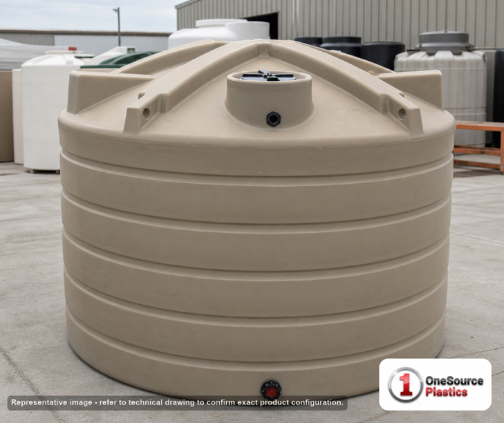 Enduraplas 6011 Gallon Beige Vertical Water Storage Tank. Polyethylene; Beige; dimensions 110.0in H x 144.0in W x 144.0in L; 800.0 lb empty; 1.1 specific gravity rating; fittings: 1 Inlet , 1 Outlet , 1 Manway / Lid; max temp 120 deg  F / 48 deg  C; 10 Year Warranty with Activation. Manufacturer part number TLV06011BE. Sold by OneSource Plastics (https://www.onesourceplastics.com).