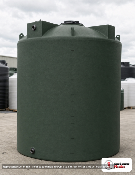 Bushman 3000 Gallon Dark Green Vertical Water Storage Tank. 3000 gallon capacity; Polyethylene; Dark Green; dimensions 109.0in H x 96.0in W x 96.0in L; 405.0 lb empty; 1.0 specific gravity rating; fittings: 1 Inlet , 1 Outlet , 1 Manway / Lid; max temp 120 deg  F / 48 deg  C; 3 Year Warranty. Manufacturer part number 30422. Sold by OneSource Plastics (https://www.onesourceplastics.com).