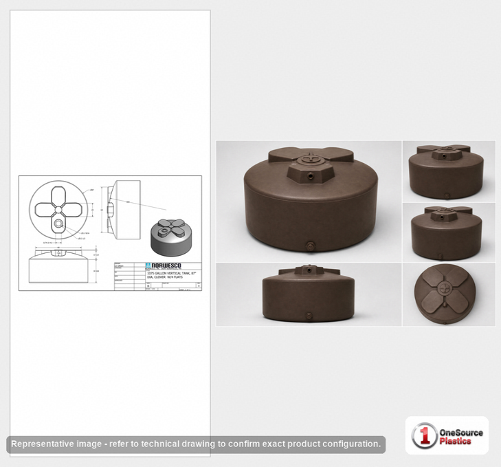 Dimensional spec drawing for Norwesco 1075 Gallon Vertical Water Tank (87" L x 87" W x 51" H)