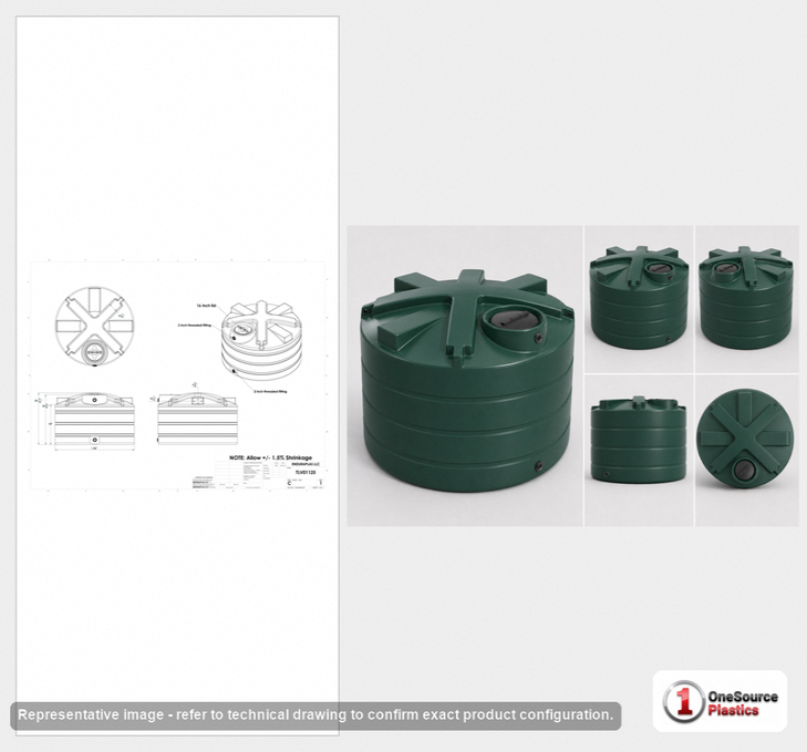 Dimensional spec drawing for Enduraplas 1125 Gallon Vertical Water Tank (85" L x 85" W x 56" H)