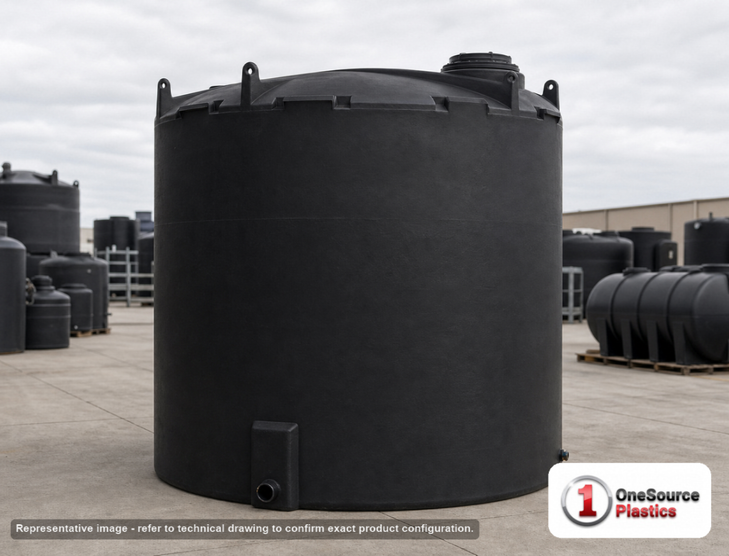 Snyder Industries 10500 Gallon Black Vertical Water Storage Tank. Polyethylene; Black; dimensions 170.0in H x 142.0in W x 142.0in L; 2490.0 lb empty; 1.0 specific gravity rating; fittings: 1 Inlet , 1 Outlet , 1 Manway / Lid; max temp 120 deg  F / 48 deg  C; 3 Year Warranty. Manufacturer part number wb101. Manufactured by Snyder. Sold by OneSource Plastics (https://www.onesourceplastics.com).