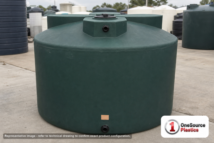 Norwesco 2550 Gallon Dark Green Vertical Water Storage Tank. 2550 gallon capacity; Polyethylene; Dark Green; dimensions 95.0in H x 93.0in W x 93.0in L; 340.0 lb empty; 1.0 specific gravity rating; fittings: 1 Inlet , 1 Outlet , 1 Manway / Lid; max temp 120 deg  F / 48 deg  C; 3 Year Warranty. Manufacturer part number 43814. Manufactured by Norwesco. Sold by OneSource Plastics (https://www.onesourceplastics.com).