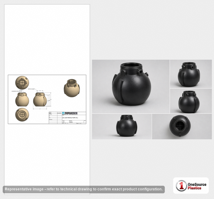 Dimensional spec drawing for Norwesco 225 Gallon No Class Value (48" L x 48" W x 50" H)