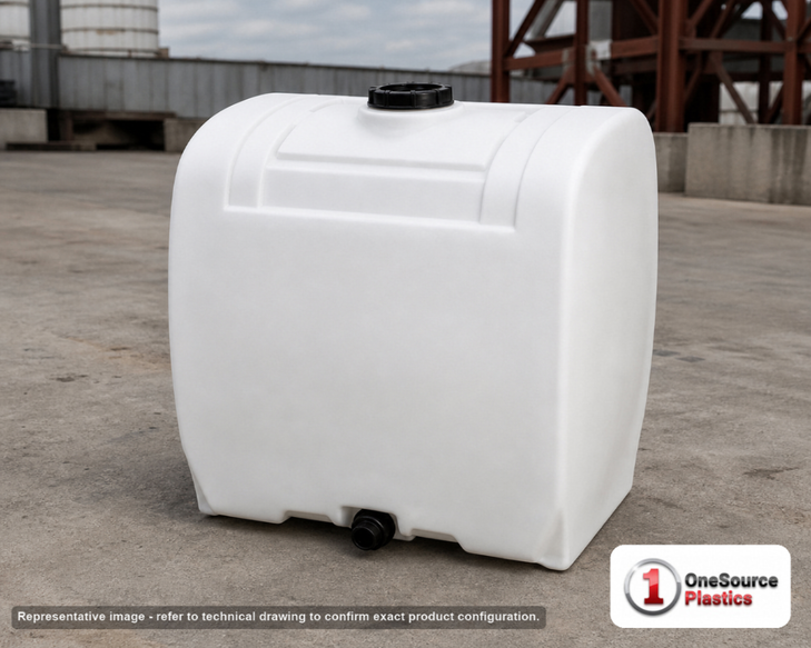 Snyder Industries 55 Gallon Open Top Tank System (Total Drain). High Density Linear Polyethylene; White; dimensions 39.0in H x 22.0in W x 22.0in L; 62.0 lb empty; 1.5 specific gravity rating. Manufacturer part number SII-568TDVOT. Sold by OneSource Plastics (https://www.onesourceplastics.com).