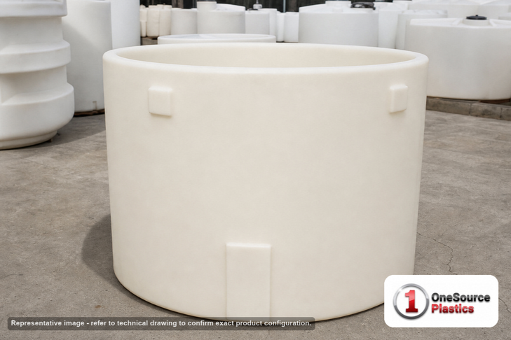 Snyder Industries 650 Gallon HDLPE Vertical Open Top Containment Tank White. High Density Linear Polyethylene; White; dimensions 58.0in H x 60.0in W x 60.0in L; 250.0 lb empty; 1.9 specific gravity rating. Manufacturer part number SII-1370200N45. Sold by OneSource Plastics (https://www.onesourceplastics.com).