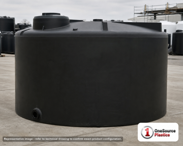 Snyder Industries 5400 Gallon Black Vertical Storage Tank. Polyethylene; Black; 91" H x 142" W x 142" L; fittings: 1 Outlet