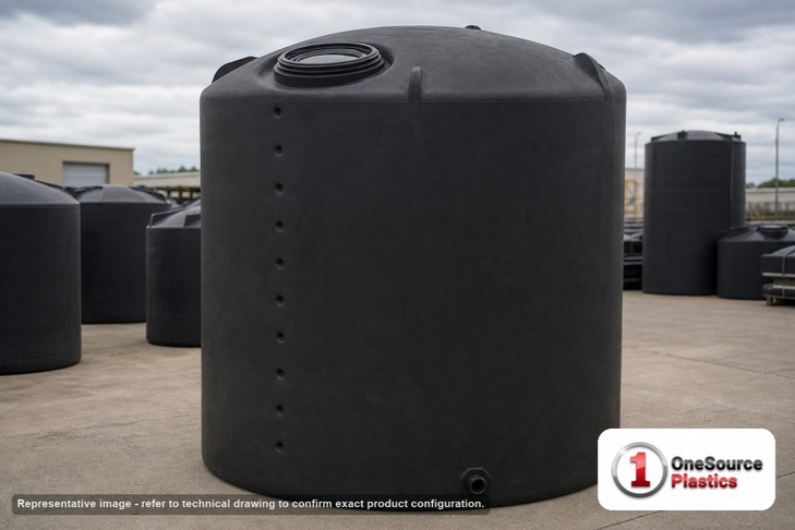 Norwesco 5000 Gallon Black Heavy Duty Vertical Storage Tank. Polyethylene; Black; 152" H x 102" W x 102" L; fittings: 1