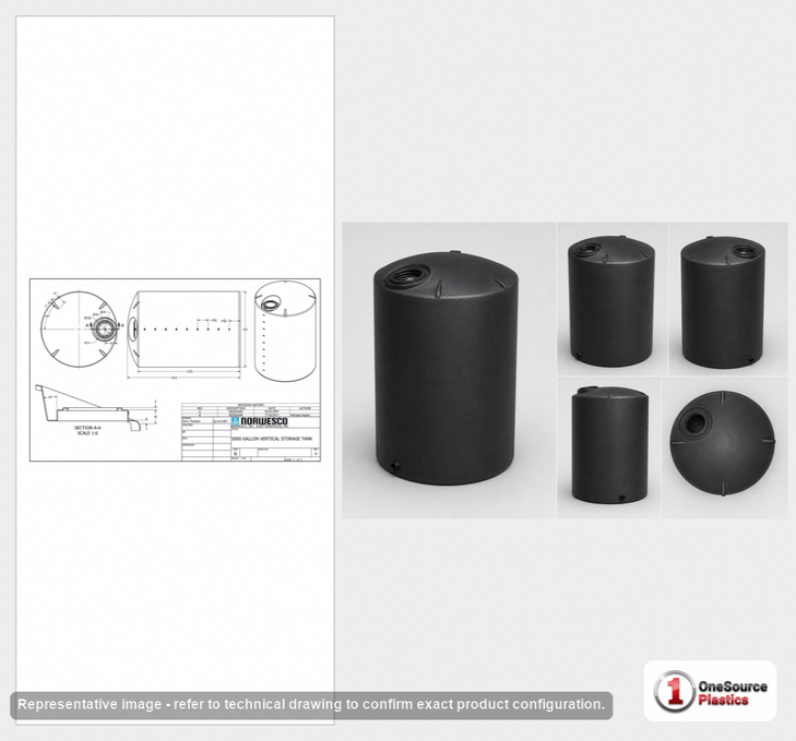 Dimensional spec drawing for Norwesco 5000 Gallon Vertical Storage Tank (102" L x 102" W x 152" H)