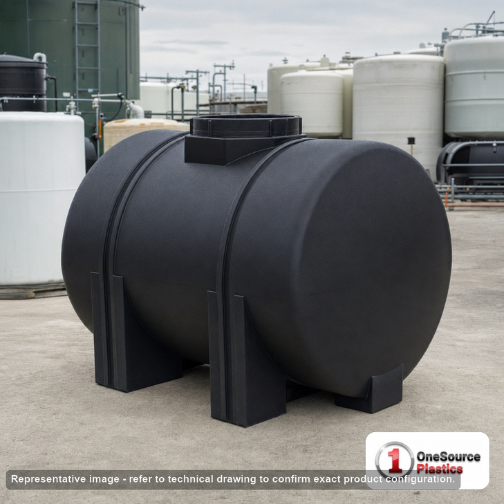 Norwesco 325 Gallon Black Horizontal Leg Tank. 325 gallon capacity; Polyethylene; Black; dimensions 43.0in H x 38.0in W x 68.0in L; 99.0 lb empty; 1.5 specific gravity rating; fittings: 1 Outlet , 1 Manway / Lid; max temp 120 deg  F / 48 deg  C; 3 Year Warranty. Manufacturer part number 40708. Manufactured by Norwesco. Sold by OneSource Plastics (https://www.onesourceplastics.com).