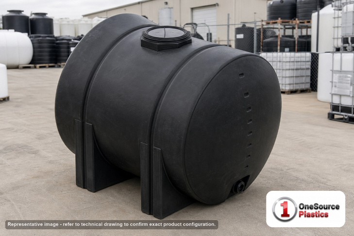 Norwesco 925 Gallon Black Horizontal Leg Tank. 925 gallon capacity; Polyethylene; Black; 65" H x 62" W x 80" L; fittings: 1