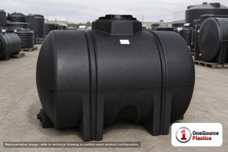Norwesco 525 Gallon Black Heavy Duty Horizontal Leg Tank. 525 gallon capacity; Polyethylene; Black; dimensions 54.0in H x 49.0in W x 71.0in L; 159.0 lb empty; 1.9 specific gravity rating; fittings: 1 Outlet , 1 Manway / Lid; max temp 120 deg  F / 48 deg  C; 5 Year Warranty. Manufacturer part number 42943. Manufactured by Norwesco. Sold by OneSource Plastics (https://www.onesourceplastics.com).