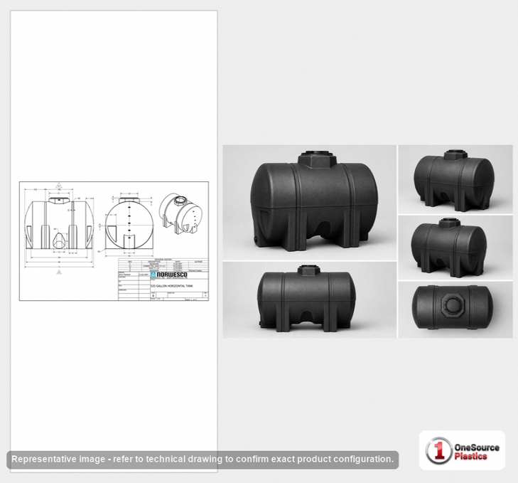 Dimensional spec drawing for Norwesco 525 Gallon Horizontal Leg Tank (71" L x 49" W x 54" H)