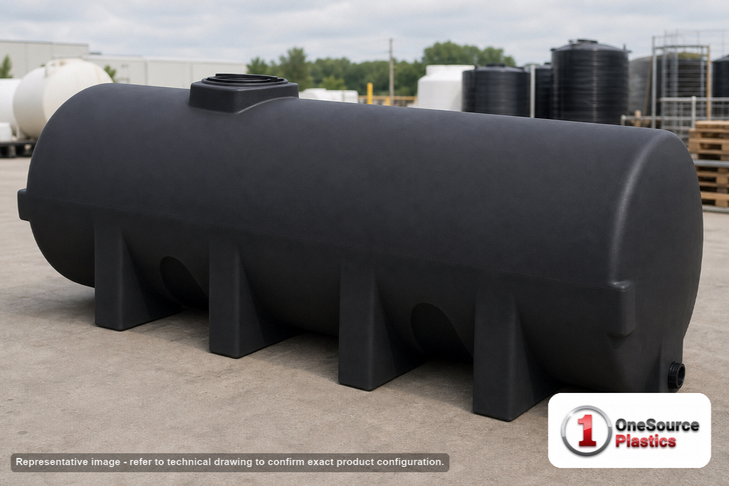 Norwesco 1025 Gallon Black Heavy Duty Horizontal Leg Tank. Polyethylene; Black; dimensions 54.0in H x 49.0in W x 139.0in L; 354.0 lb empty; 1.9 specific gravity rating; fittings: 1 Outlet , 1 Manway / Lid; max temp 120 deg  F / 48 deg  C; 5 Year Warranty. Manufacturer part number 40131B. Sold by OneSource Plastics (https://www.onesourceplastics.com).