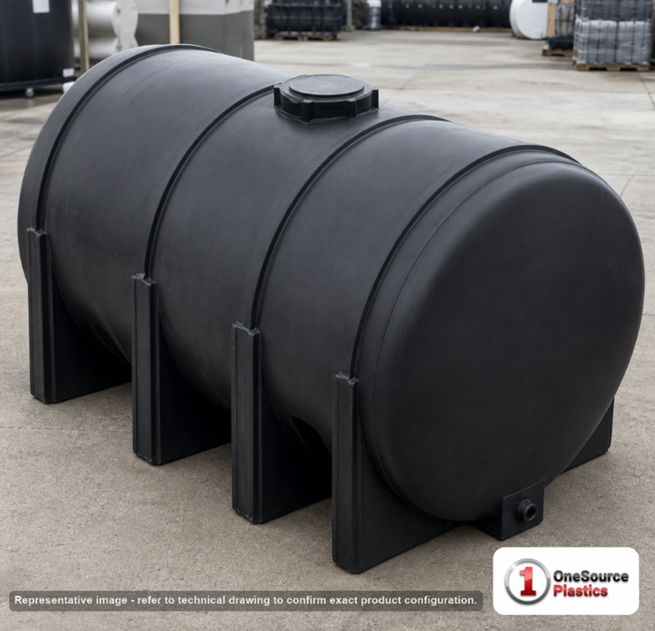 Norwesco 3725 Gallon Black Horizontal Leg Tank. Polyethylene; Black; dimensions 97.0in H x 92.0in W x 145.0in L; 1320.0 lb empty; 1.5 specific gravity rating; fittings: 1 Outlet , 1 Manway / Lid; max temp 120 deg  F / 48 deg  C; 3 Year Warranty. Manufacturer part number 44047B. Sold by OneSource Plastics (https://www.onesourceplastics.com).