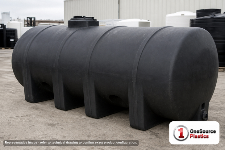 Norwesco 1625 Gallon Black Heavy Duty Horizontal Leg Tank. Polyethylene; Black; dimensions 68.0in H x 63.0in W x 139.0in L; 514.0 lb empty; 1.9 specific gravity rating; fittings: 1 Outlet , 1 Manway / Lid; max temp 120 deg  F / 48 deg  C; 5 Year Warranty. Manufacturer part number 40834. Sold by OneSource Plastics (https://www.onesourceplastics.com).
