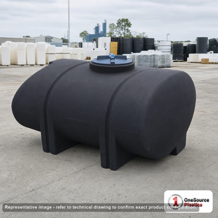 Norwesco 535 Gallon Black Elliptical Leg Tank. Polyethylene; Black; dimensions 39.0in H x 57.0in W x 80.0in L; 149.0 lb empty; 1.5 specific gravity rating; fittings: 1 Outlet , 1 Manway / Lid; max temp 120 deg  F / 48 deg  C; 3 Year Warranty. Manufacturer part number 42353b. Sold by OneSource Plastics (https://www.onesourceplastics.com).