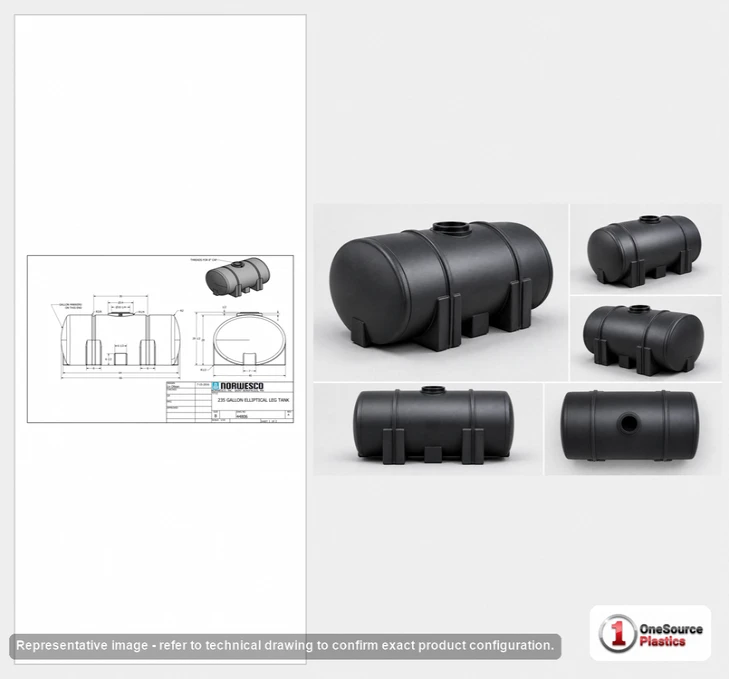 Dimensional spec drawing for Norwesco 235 Gallon Elliptical Leg Tank (66" L x 40" W x 32" H)